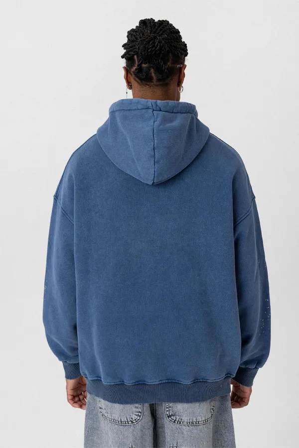 Premıum Yıkamalı Kapüşonlu Oversize Sweatshirt Koyu İndigo
