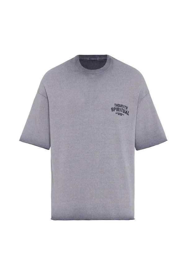 Yıkamalı Oversize Triko Tişört Gri