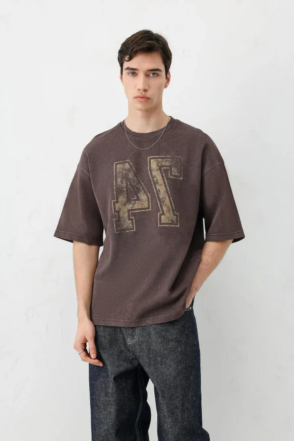 Washed Printed Oversize T-Shirt, Coffee