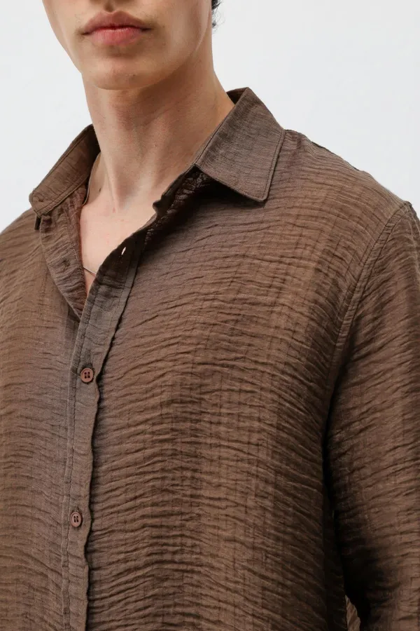 Dokulu Oversize Gömlek Açık Kahve