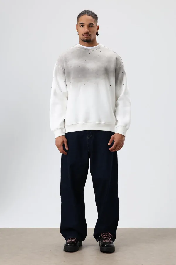 Sweat-shirt oversize à détails en pierre délavée, écru