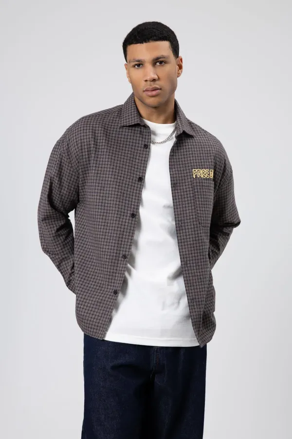 Oversize Baskılı Günlük Kareli Gömlek Kahve