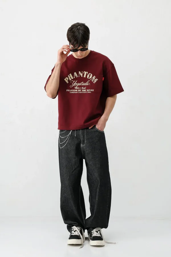 Kısa Kollu Boxy Fit Baskılı Tişört Bordo