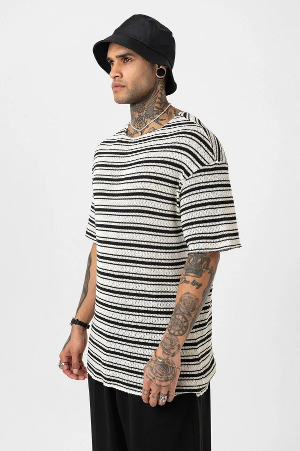 Striped Oversize Knit T-Shirt Black
