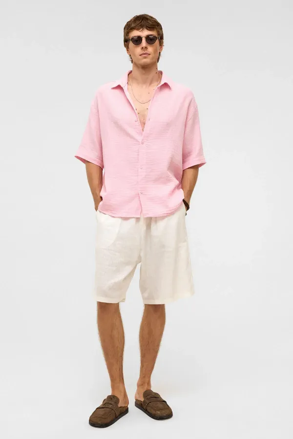 Oversize Kısa Kollu Müslin Kumaş Gömlek Pembe