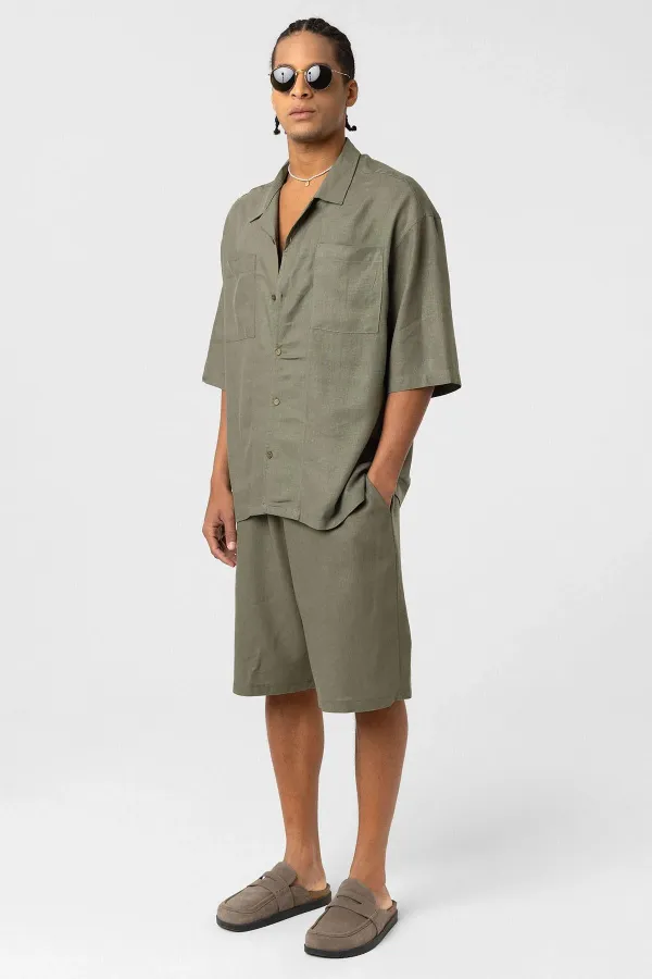 Double Pocket Oversize Linen Shirt Khaki