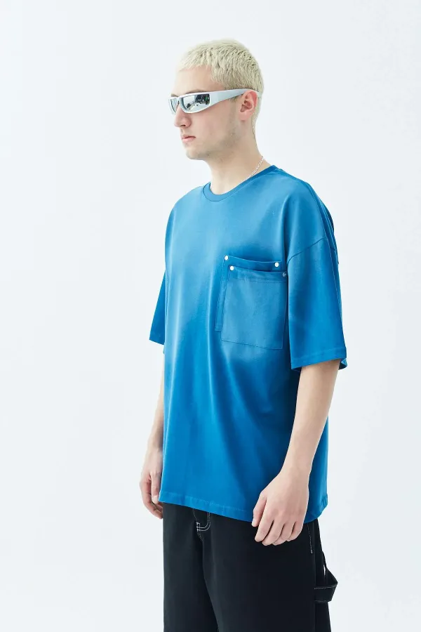 Yıkamalı Cep Detaylı Oversize Tişört İndigo