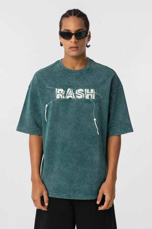 Yıkamalı Oversize Baskılı Tişört Petrol