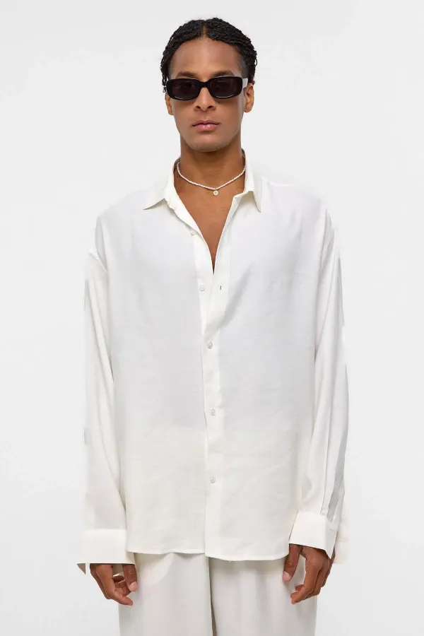 Basıc Oversize Uzun Kollu Modal Karışımlı Gömlek Ekru