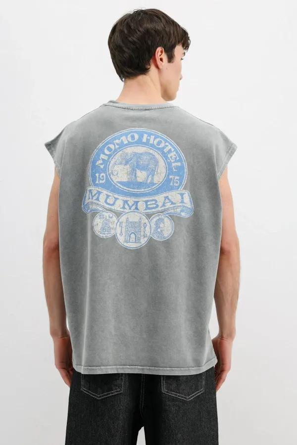 Baskılı Kolsuz Oversize Tişört Gri