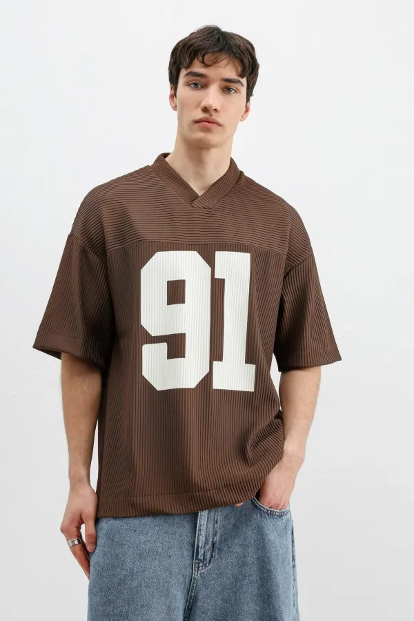 Baskılı Fitilli Oversize Tişört Kahve