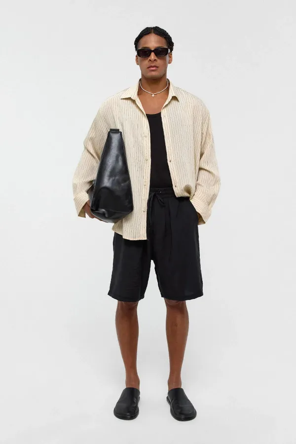 Oversize Çizgili Uzun Kollu Gömlek Bej