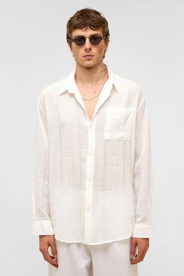 Oversize Çizgili Uzun Kollu Keten Gömlek Ekru