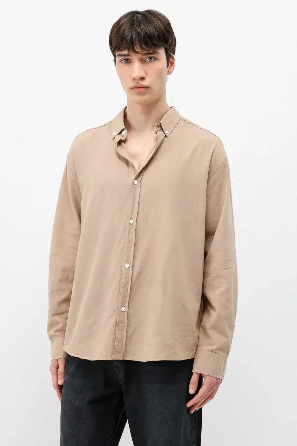 Basic Oversize Pamuk  Keten Gömlek Vizon