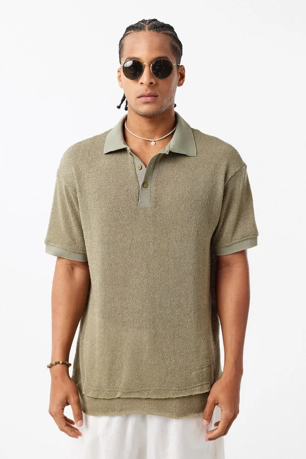 Polo Yaka Triko Oversize Tişört Haki