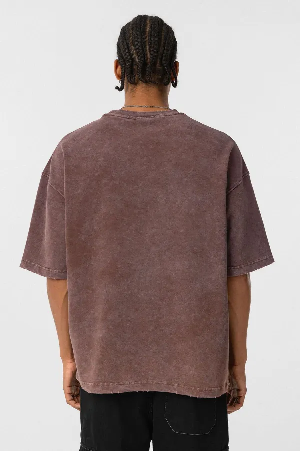 Yıkamalı Oversize Baskılı Tişört Kahve