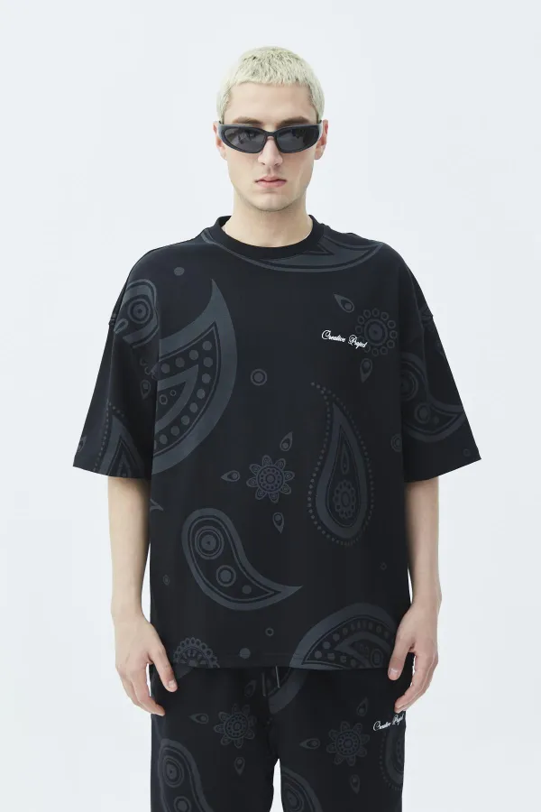 Oversize Desenli Şort Tişört Takım Siyah