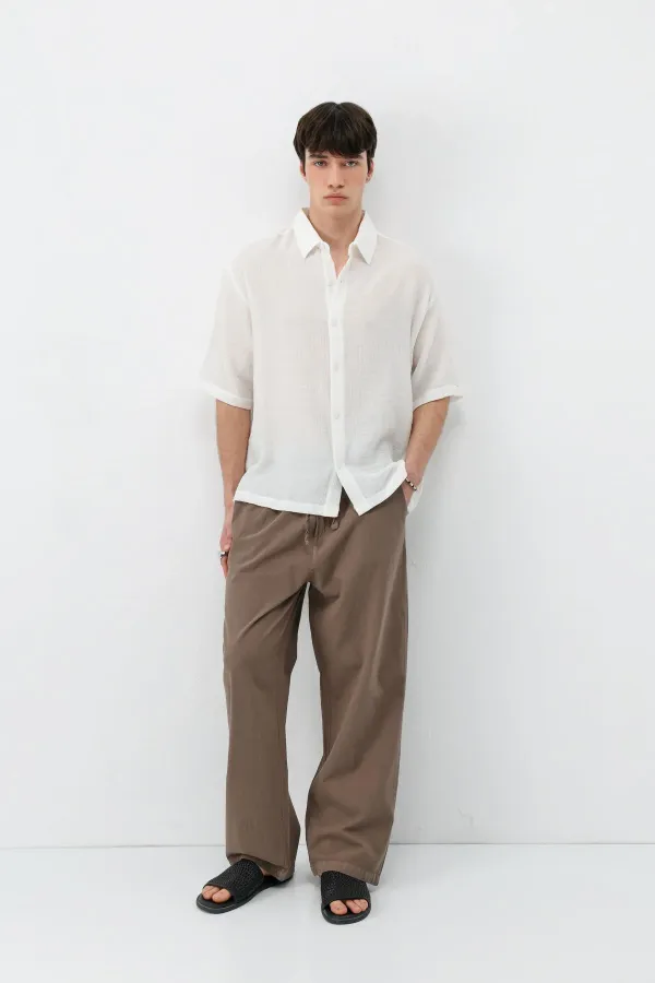 Bel Lastikli Baggy Fit Keten Pantolon Açık Kahve