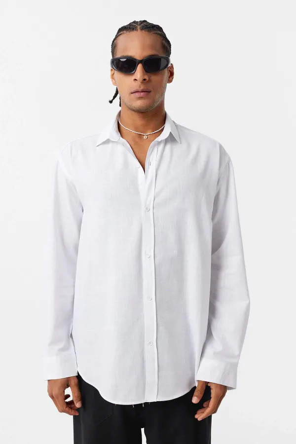 Basic Oversize Pamuk Keten Gömlek Beyaz Basic Oversize Pamuk Keten Gömlek Beyaz