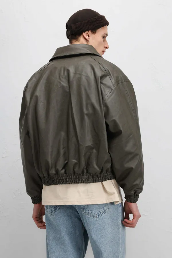 Blouson aviateur oversize en cuir kaki