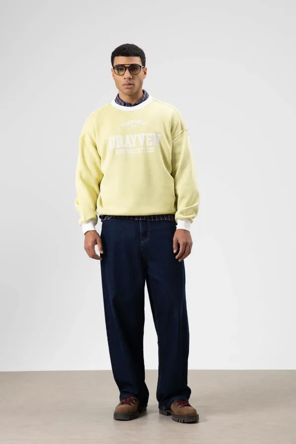 Oversize Bisiklet Yaka Baskılı Sweatshirt Sarı