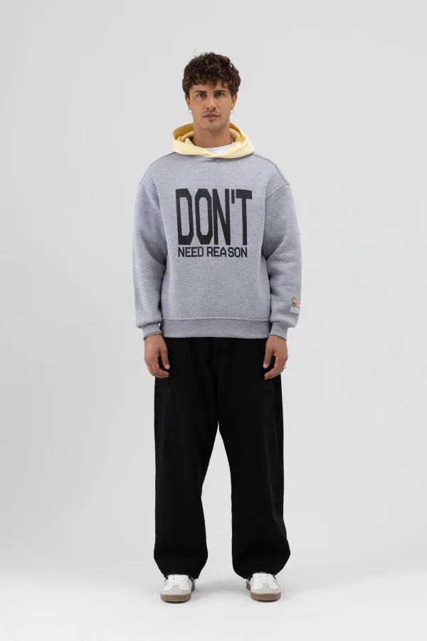 Çift Renk Baskılı Oversize Sweatshirt Gri Melanj