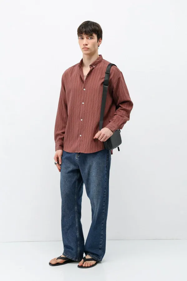 Çizgili Oversize Gömlek Bordo