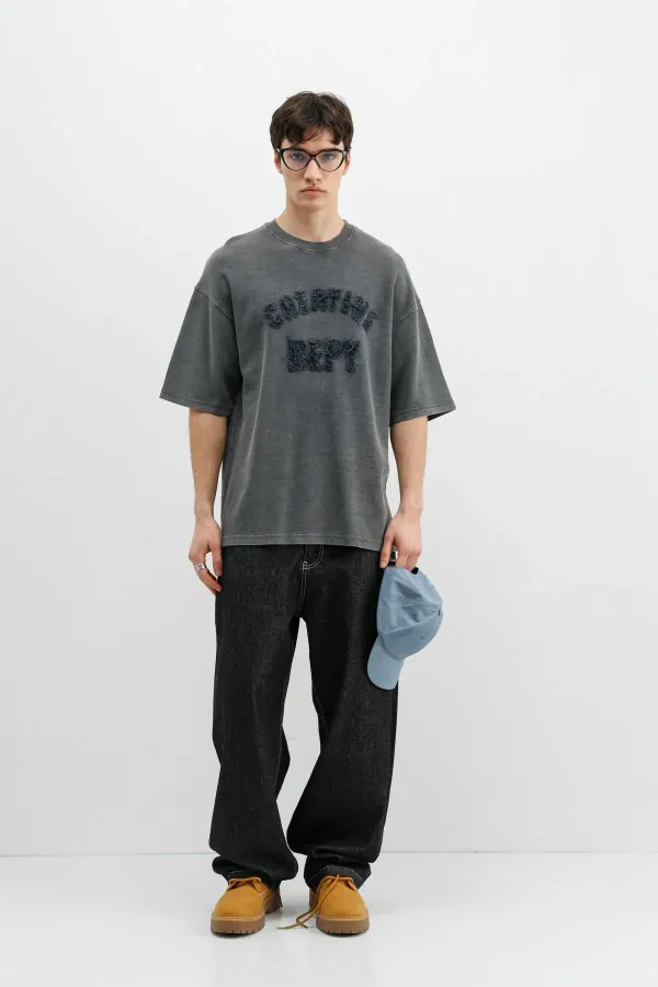 Yıkamalı Yazı Baskılı Oversize Tişört Siyah