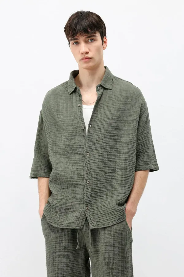 Müslin Kumaş Rahat Kalıp Keten Takım Haki