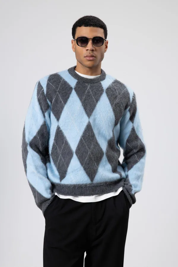 Baklava Desenli Oversize Kazak Bebe Mavi