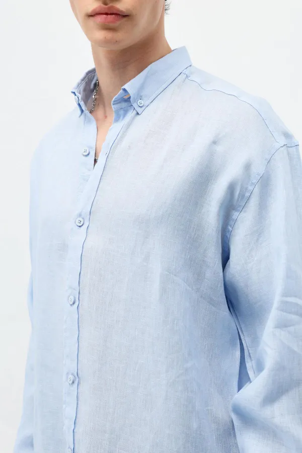 100% Linen Oversize Long-Sleeve Shirt, Baby Blue
