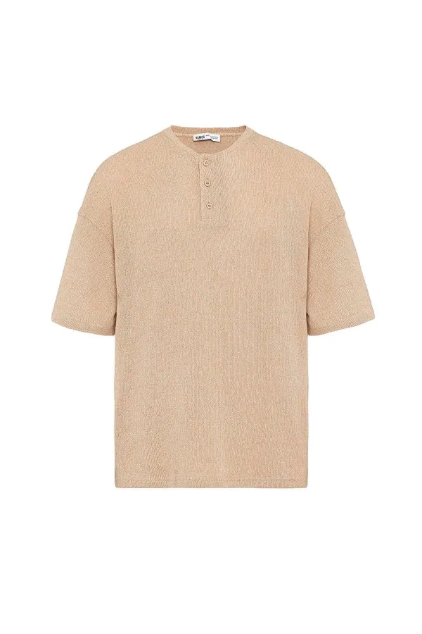 Basic Oversize Button Collar T-Shirt Stone