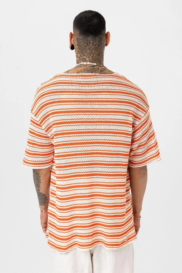 T-shirt rayé oversize en maille orange