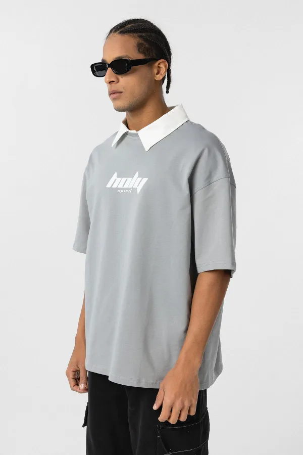Polo Yaka Oversize Baskılı Tişört Gri