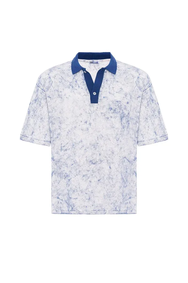 Yıkamalı Oversize Polo Yaka Tişört İndigo