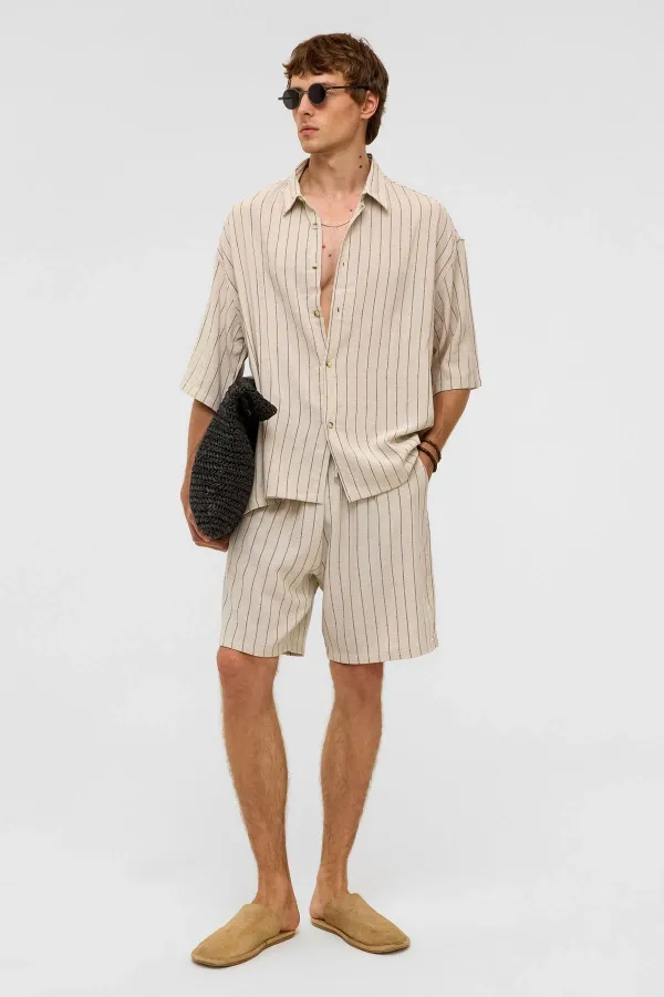 Oversize Çizgili Kısa Kollu Keten Gömlek Siyah