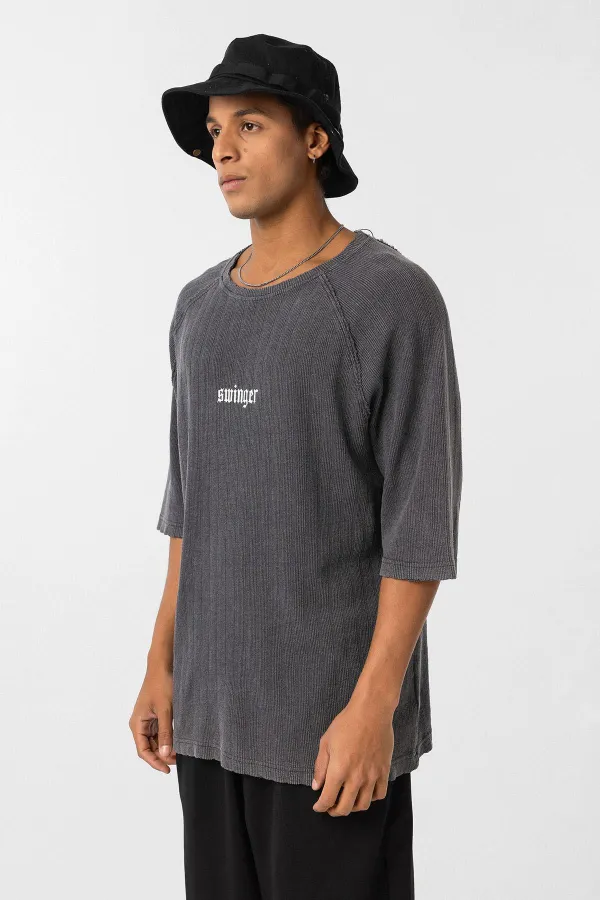 Yıkamalı Oversize Baskılı Triko Tişört Siyah