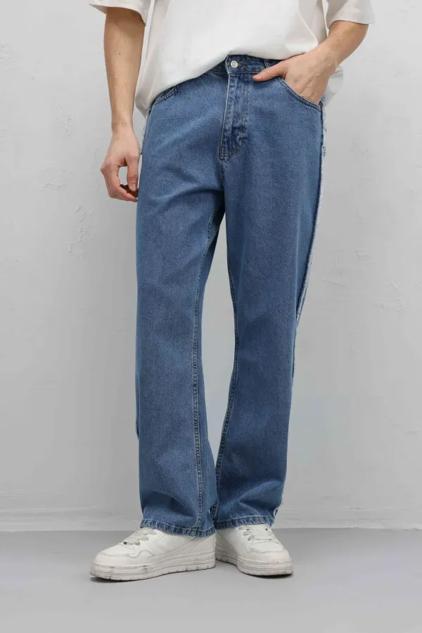 Yan Dikiş Detaylı Baggy Jean Mavi