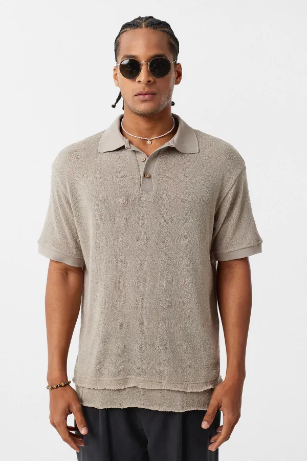 Polo Yaka Triko Oversize Tişört Taş