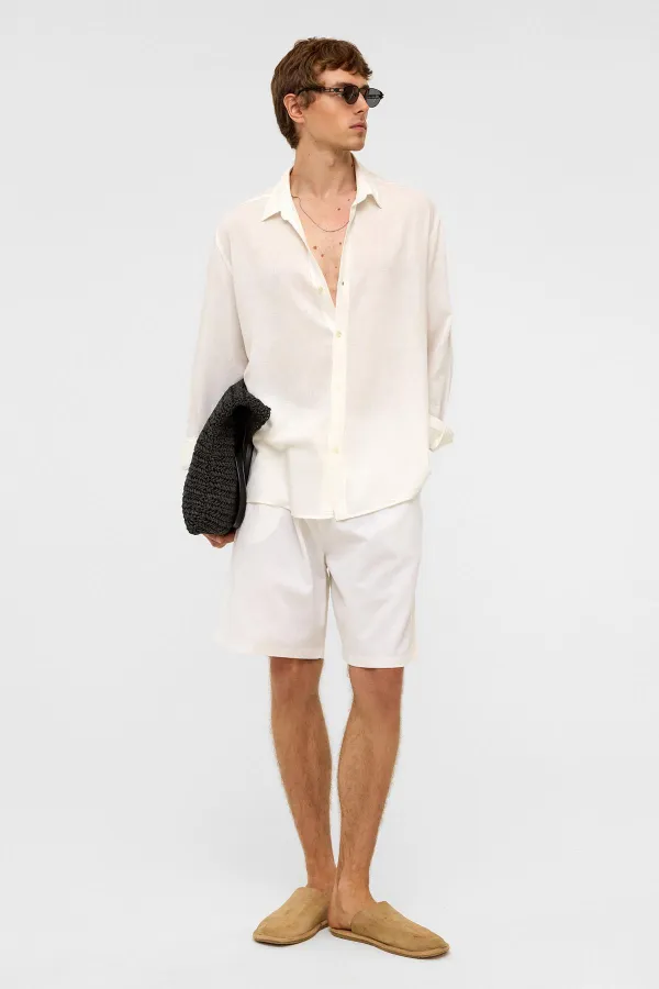 Oversize Uzun Kollu Keten Gömlek Beyaz