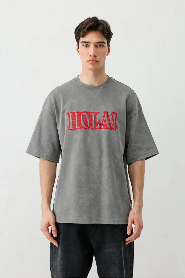 Yıkamalı Baskılı Oversize Tişört Füme