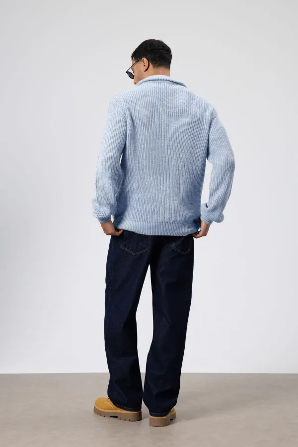 Oversize Zip-Up Knitted Cardigan, Baby Blue
