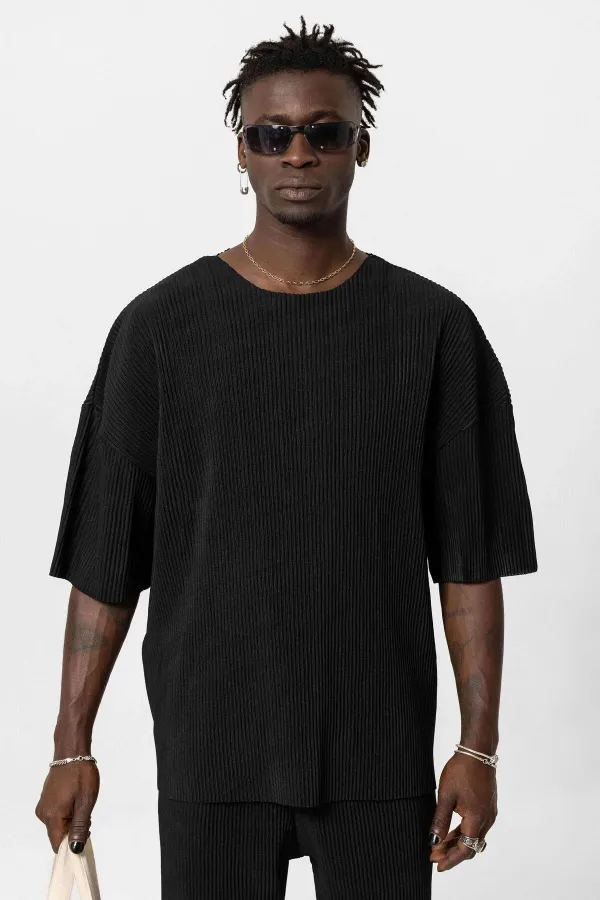 Basic Oversize Bisiklet Yaka Ottoman Takım Siyah