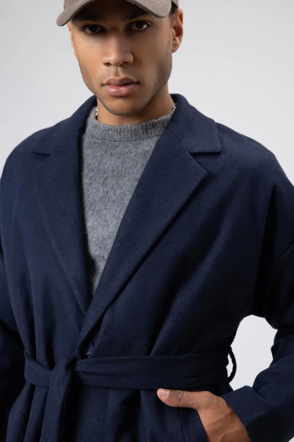 Kemerli Oversize Kaşe Kaban Lacivert