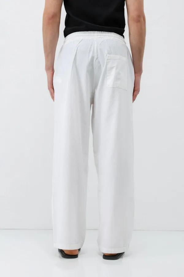 Bel Lastikli Baggy Fit Keten Pantolon Beyaz