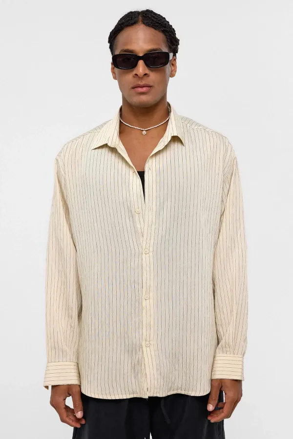 Oversize Çizgili Uzun Kollu Gömlek Bej