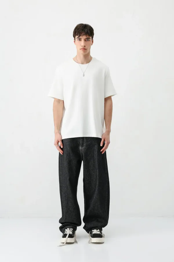 Kısa Kollu Boxy Fit Tişört Ekru