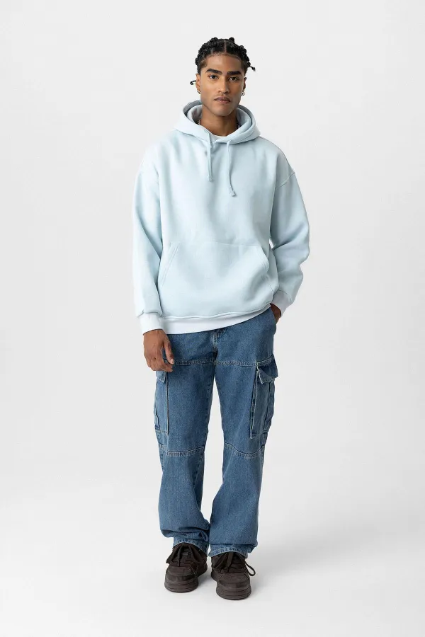 Sweat à capuche basique oversize délavé bleu ciel