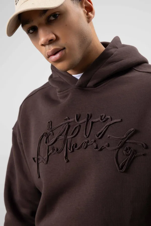 Oversize Baskılı Kapüşonlu Sweatshirt Kahve