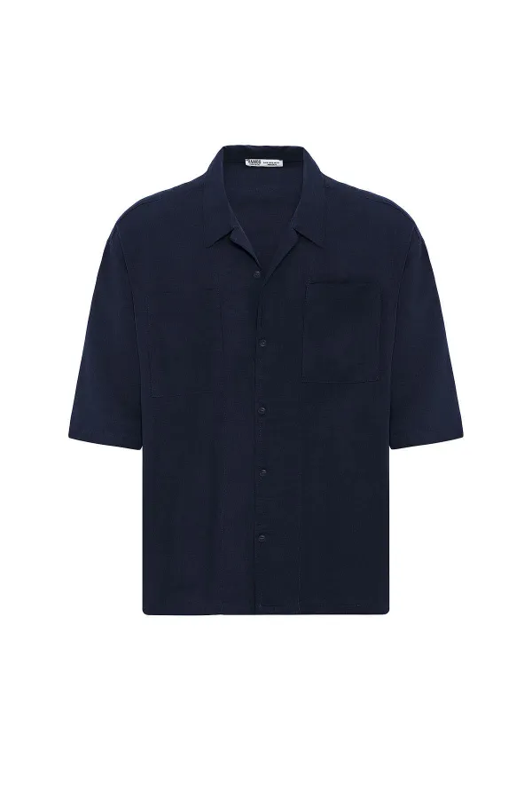 Double Pocket Oversize Linen Shirt Navy Blue